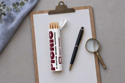 A Picnic Sweet Whiskey nicotine toothpick tube on a clipboard with a pen and magnifying glass