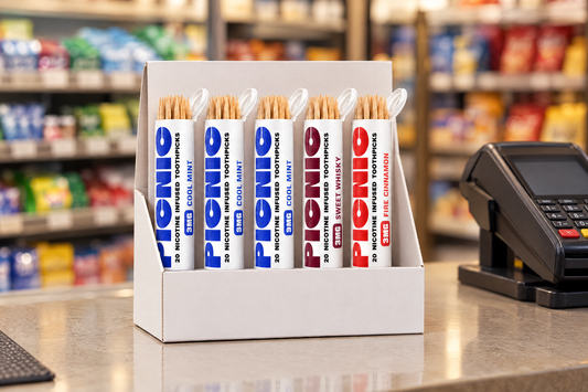 A countertop display box of Picnic nicotine toothpick tubes at a store checkout