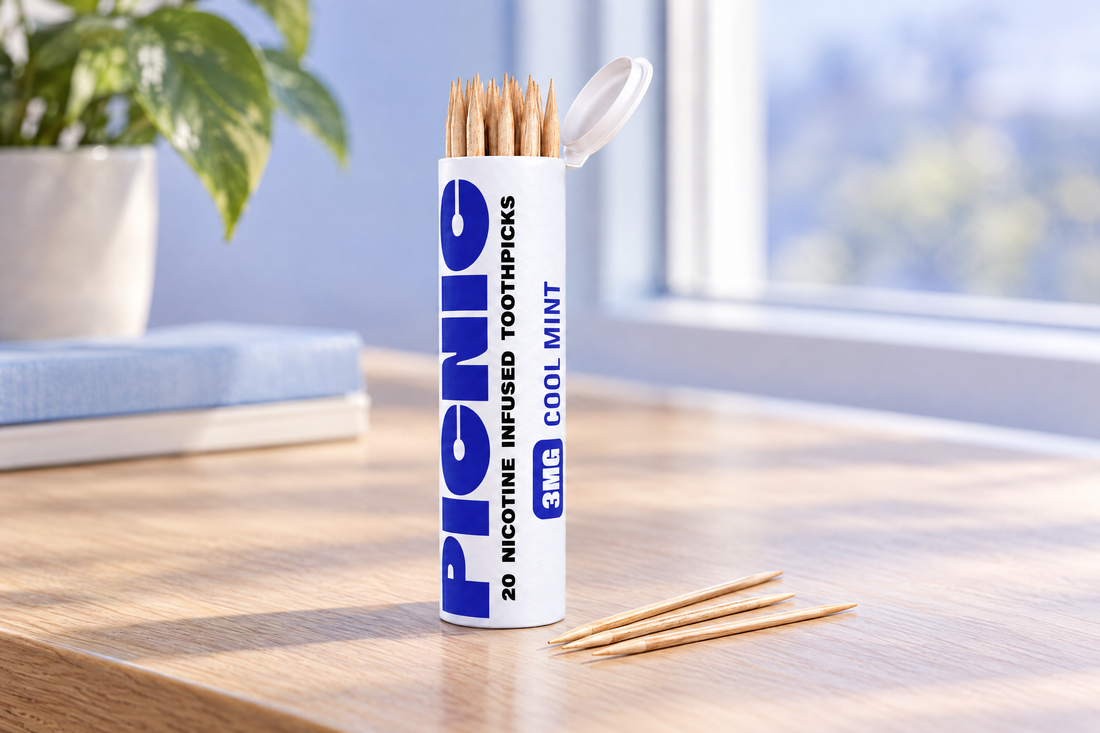 An open Picnic Cool Mint nicotine toothpick tube on a desk with three picks beside it