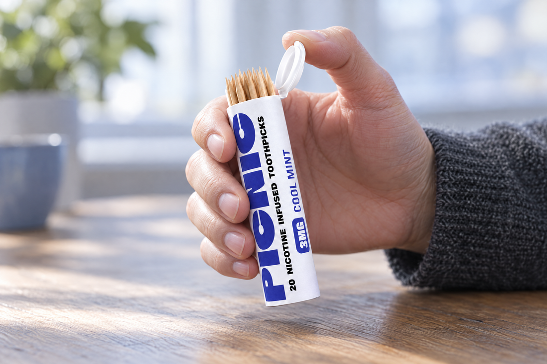 An adult's hand opening the flip-top lid of a Picnic Cool Mint nicotine toothpick tube