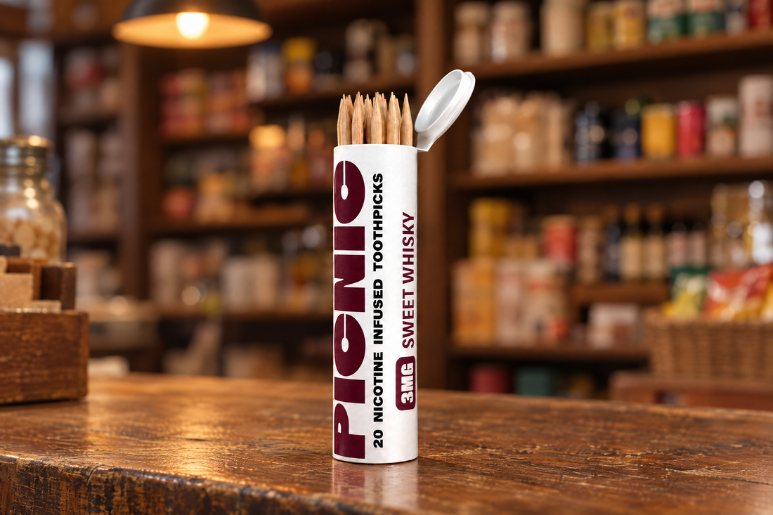 A Picnic Sweet Whiskey nicotine toothpick tube on a wooden shop counter