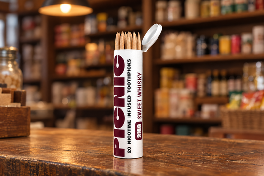 A Picnic Sweet Whiskey nicotine toothpick tube on a wooden shop counter