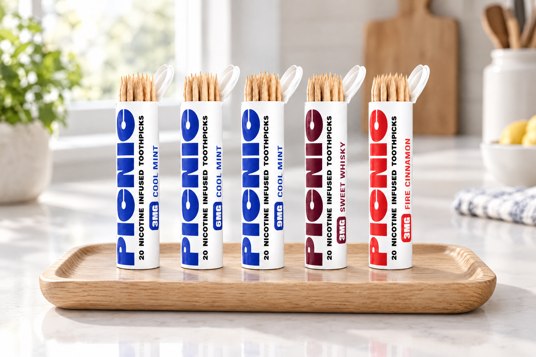 All five Picnic nicotine toothpick tubes in a row on a wooden tray on a kitchen counter