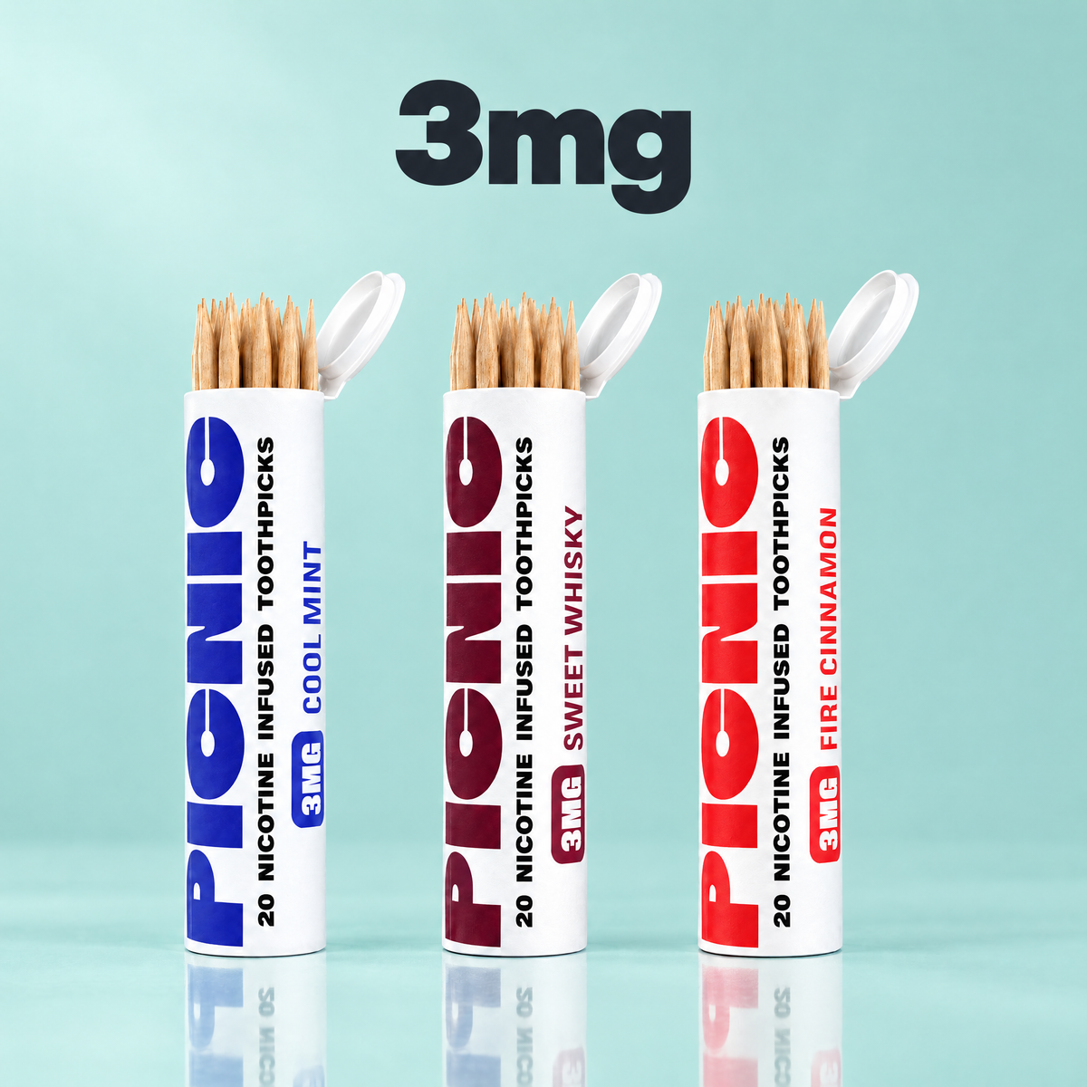 Picnic 3mg nicotine toothpicks — Cool Mint, Sweet Whiskey and Fire Cinnamon tubes