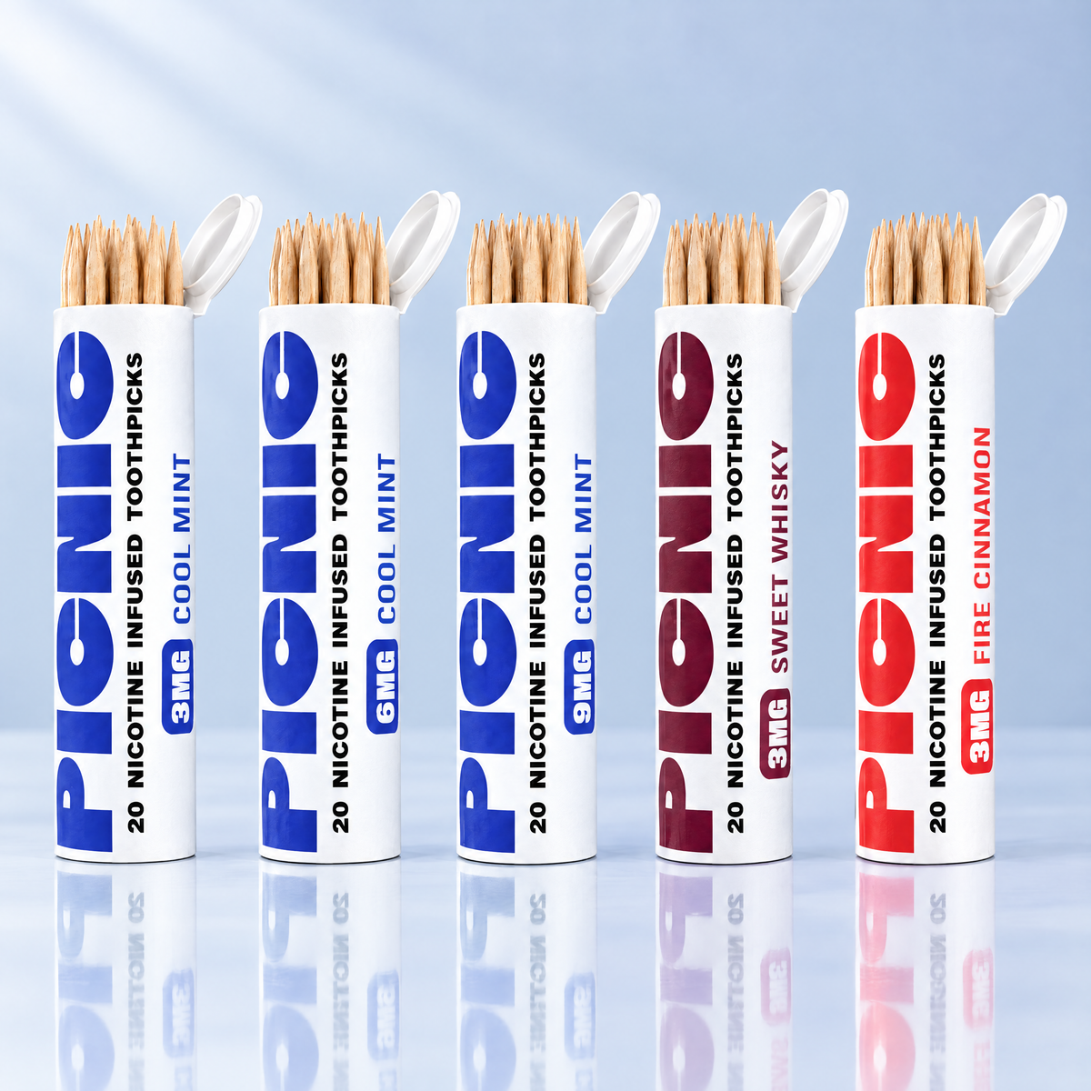 Picnic Variety Pack — one tube each of Cool Mint 3/6/9mg, Sweet Whiskey 3mg, Fire Cinnamon 3mg; 5 tubes, 100 picks