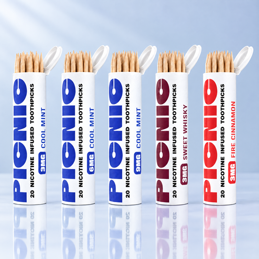 Picnic Variety Pack — one tube each of Cool Mint 3/6/9mg, Sweet Whiskey 3mg, Fire Cinnamon 3mg; 5 tubes, 100 picks