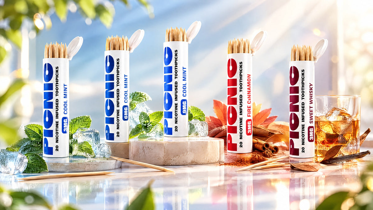 Picnic nicotine toothpicks — Cool Mint 3mg, 6mg, 9mg, Sweet Whiskey and Fire Cinnamon tubes
